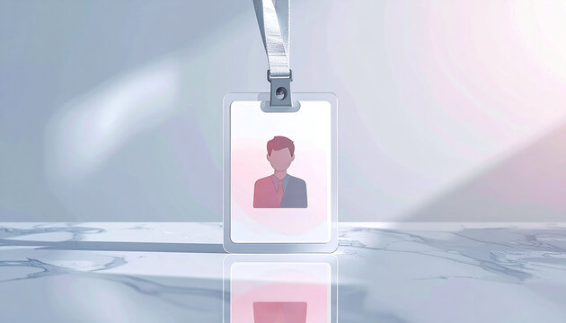 A clean ID badge with a minimalist avatar rests on a marble surface. This professional concept piece conveys identity and corporate security, with no people, ideal for business security concepts.