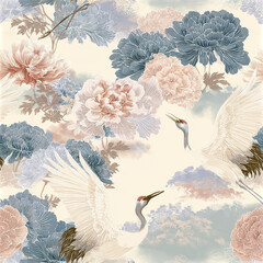 Naklejka premium Soft floral pattern with elegant cranes and pastel peonies creating serene and sophisticated atmosphere in muted tones