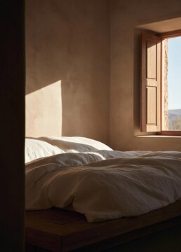 Bedroom with a single bed in the center. the bed is made up with white linens and has a wooden headboard and footboard.