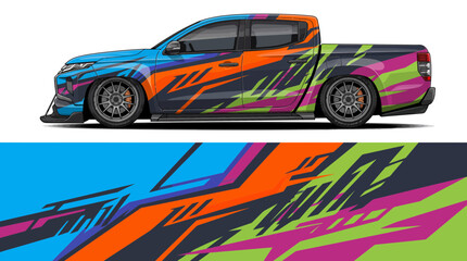 Fototapeta premium Colorful pickup truck with vibrant racing graphics design.