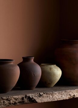 Three vases of different sizes and shapes sitting on a wooden shelf against a dark brown wall. the vases are arranged in a row, with the largest one in the center and two smaller ones on either side.