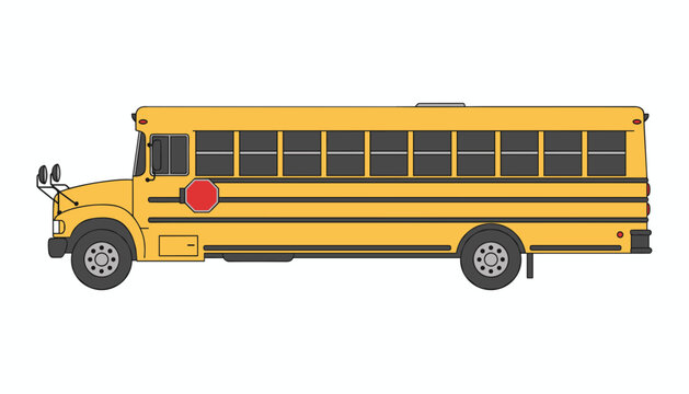 Bright yellow school bus shown in profile view features a red stop sign extended to ensure safety while children are boarding or exiting the vehicle.