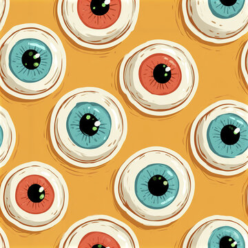 Colorful eyeball seamless pattern with blue and red iris on orange background creating spooky cute monster effect