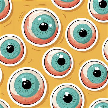 Blue eye pattern with spooky cute monster style yellow background, playful and fun seamless design for Halloween or fantasy