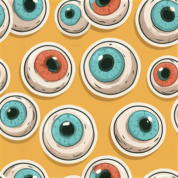 Eyeball seamless pattern with blue and red eyes on orange background creating spooky cute monster effect