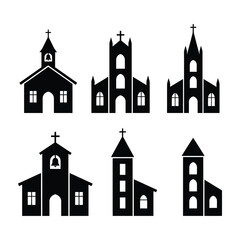 Fototapeta premium Set of black church silhouettes icons for religious architecture design projects