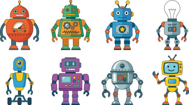 "Cartoon vector illustrations of colorful robot characters with unique designs"