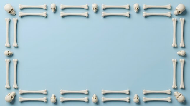 A creative arrangement of plastic bones and skulls on a light blue background