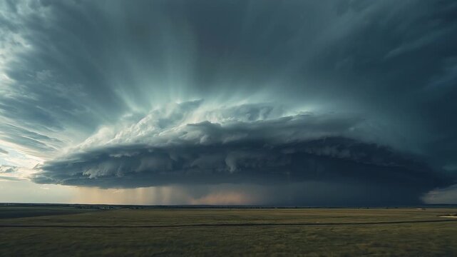Massive supercell storm cloud with heavy rain curtains for environmental climate documentaries