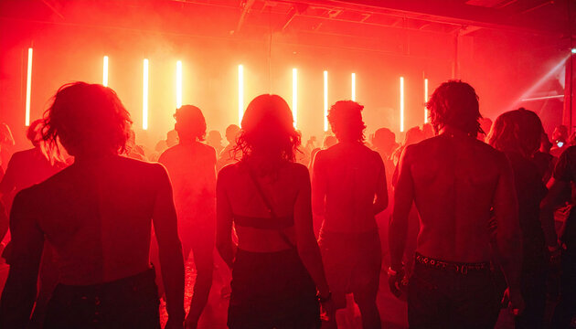 A vibrant crowd dances at an underground nightclub, captured in silhouettes against glowing red neon lights. This energetic scene evokes youthful freedom, music, nightlife, and intense passion.