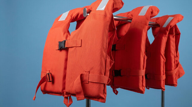 Row of orange life jackets on rack against blue background