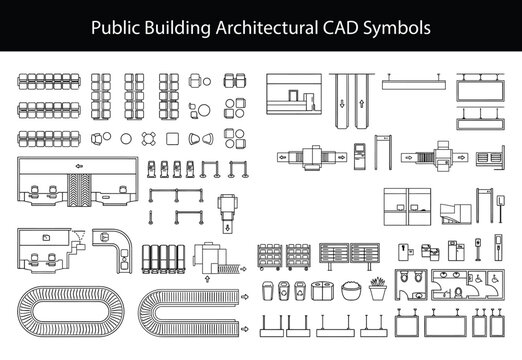 public building cad vector symbol set, top view architectural plan icons for airport, railway and bus stations, museums, libraries, convention centers and civic facility floor plans