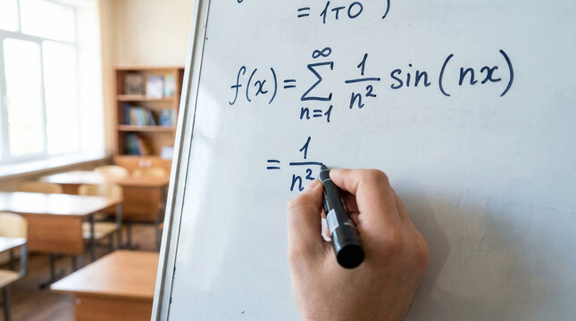Hand writing complex mathematical formula on classroom whiteboard