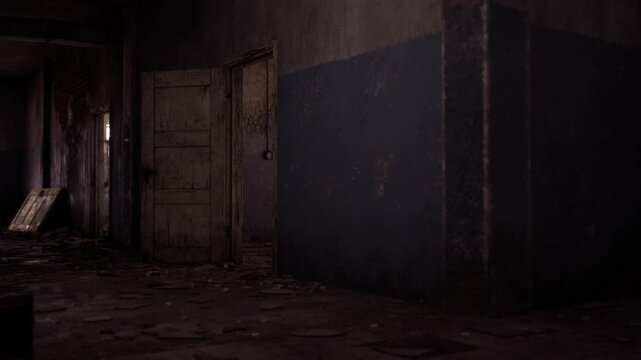An empty hallway shows wear and neglect, featuring peeling paint, dark corners, and debris scattered across the floor. Broken doors lead to silent rooms, hinting at previous activity.