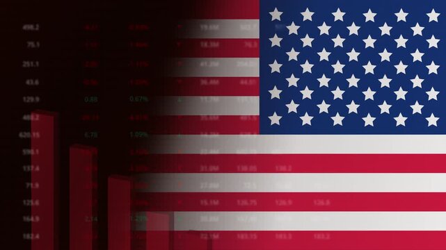 Economic crisis in US concept background.Red falling graph animation with American flag.