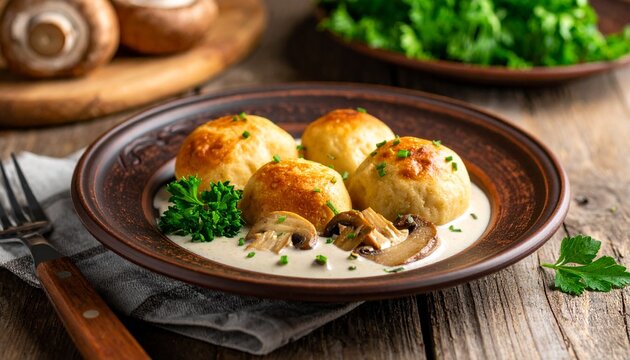 Semmelkn&ouml;del mit Pilzrahmsauce
