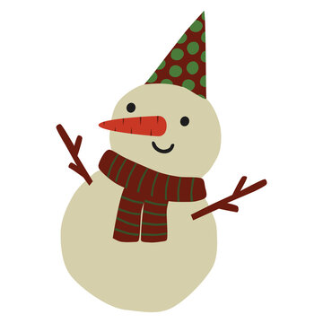 Cute Christmas snowman with red hat and scarf, winter holiday cartoon illustration with carrot nose and cheerful smile