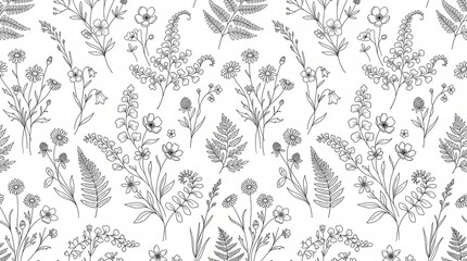 Fototapeta premium Hand drawn black and white wildflowers and plants illustration