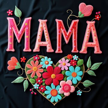 Colorful Mother's Day craft with embroidered letters and floral heart decoration