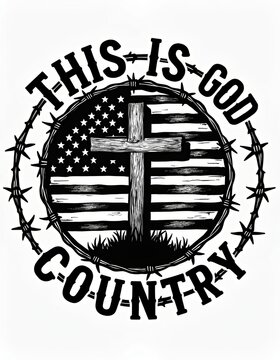 Religious Christian Cross with Barbed Wire Encircling American Flag in Black and White