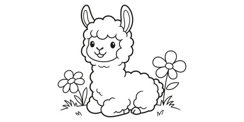 Naklejka premium A line drawing depicts a seated alpaca with floral elements