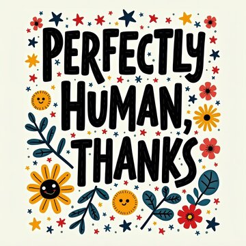 Cheerful Motivational Quote "Perfectly Human Thanks" with Flowers and Stars