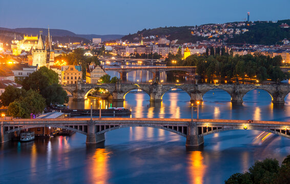 Panoramic Evening View of Prague Bridges and Vltava River, Czech Republic