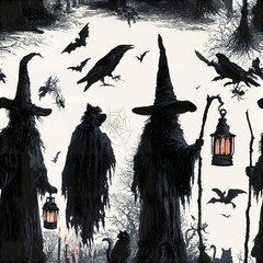 Naklejka premium Witch silhouette with lantern and black cat in spooky forest with bats and spider web creating eerie Halloween scene