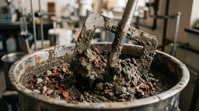 Closeup of a lab mixer paddle folding wet mortar with reddish soil and recycled aggregate, showing splashes, stainless steel, and textured cement slurry.