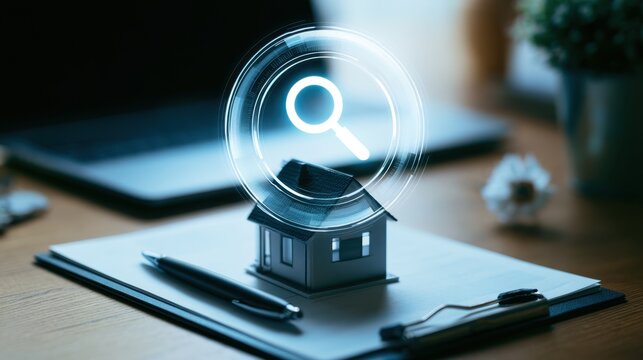 Real estate search concept with miniature house on documents and magnifying glass overlay for property inspection