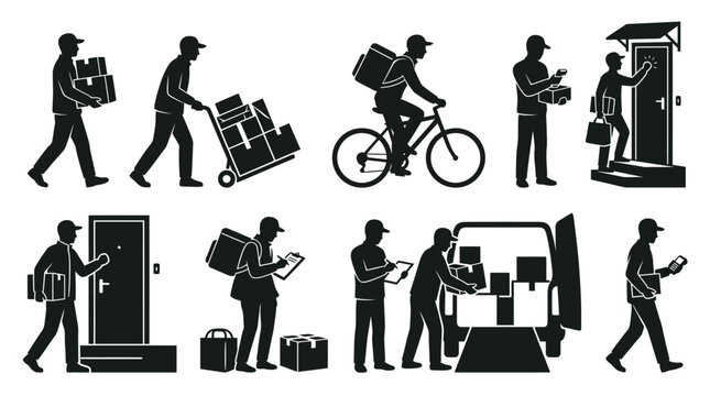 Delivery service workers performing various logistics tasks including cycling driving and knocking on residential doors in flat black vector style