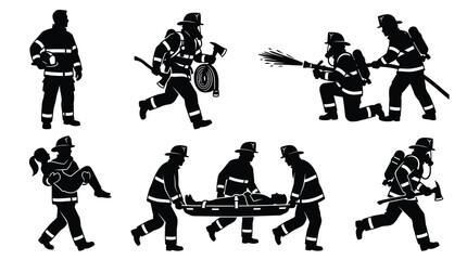 Obraz premium Firefighter vector silhouette set featuring various emergency responder actions like rescuing victims and extinguishing dangerous flames in professional uniform gear