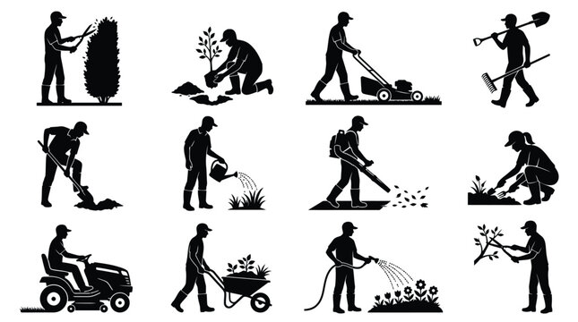 Gardeners performing various essential maintenance tasks like mowing grass and planting young trees rendered as clean black vector graphic silhouettes