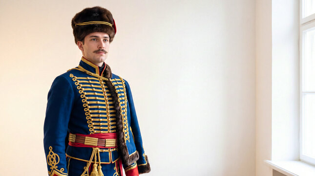 A man in a historic 19th-century Hussar uniform with gold embroidery and a fur hat stands by the window. Portrait of an officer of the Russian Empire, reconstruction and style of the era