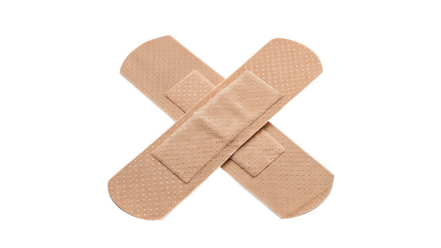 Two adhesive bandages crossed plaster medical first aid patch isolated on transparent background