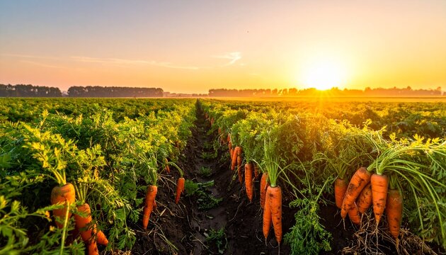 Sunrise over vibrant carrot field with golden light.