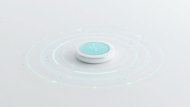 Modern futuristic wireless device with heartbeat icon emitting digital connection signals on transparent background