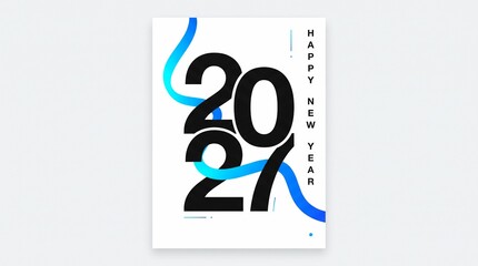 Minimalist New Year 2027 typography poster featuring bold black numbers interwoven with a fluid blue ribbon on a clean white background for modern holiday party invitation designs © Sanwal