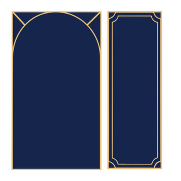 Vintage gold art deco vertical frame set arch navy blue card border vector illustration
