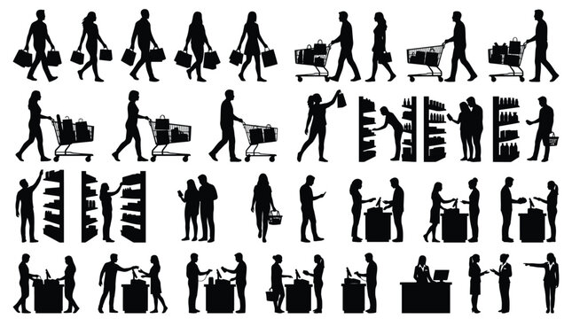 Detailed black vector illustration set of people shopping at grocery stores using carts and bags for retail market design projects