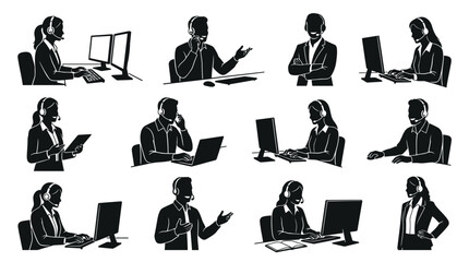 Fototapeta premium Customer service operator silhouettes depicted as professional vector graphic collection showing various office activities and communication tasks in black ink style