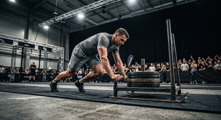 Naklejka premium Muscular Male Athlete Powerfully Pushing Heavy Sled in Functional Fitness Competition Arena