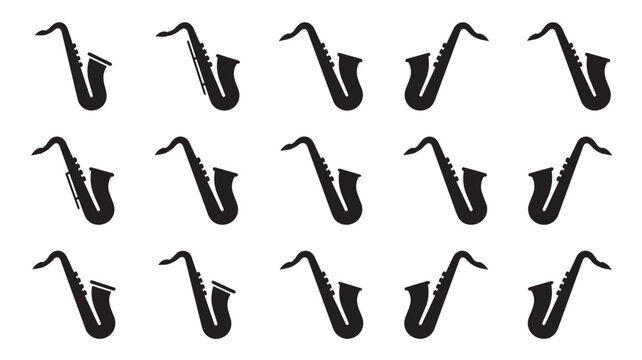 Saxophone silhouette icon set, minimalist jazz music instrument vector collection, black music symbols for poster design