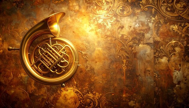 Golden French Horn on Textured Copper Background.
