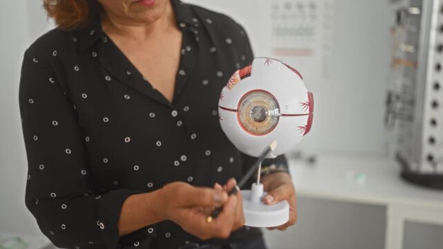 Woman optician points pencil at anatomical eye model while holding stand in clinic building; educational care.