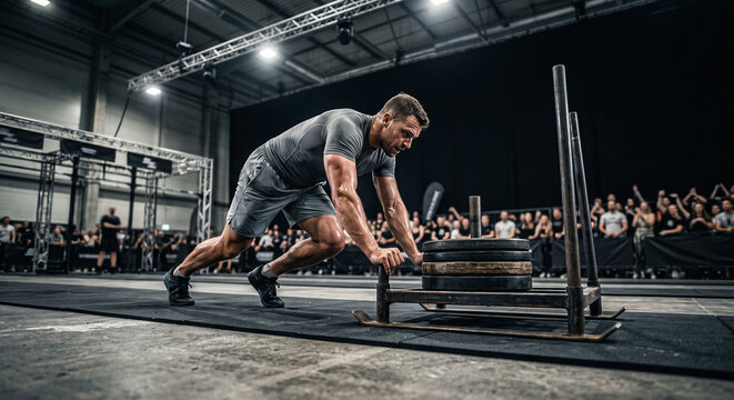 Muscular Male Athlete Powerfully Pushing Heavy Sled in Functional Fitness Competition Arena