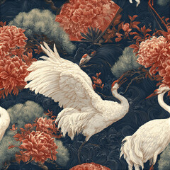 Naklejka premium Vintage crane bird with floral pattern and traditional fan design in elegant seamless textile print