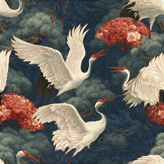 Naklejka premium Vintage crane bird pattern with pine tree and red flower, elegant seamless design with flying white cranes and floral art