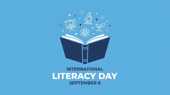 International Literacy Day September 8 Open Book Icons Blue Banner
