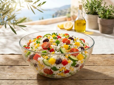 Fresh vegetable salad in a large glass bowl on a rustic wooden table in a bright sunny kitchen setting. riso insalata